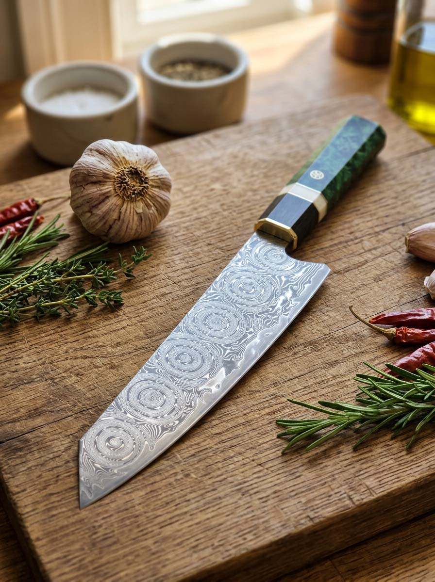 Kiritsuke Damascus – Ebony & Ivory Hybrid Handle (10Cr15CoMoV Core) 2